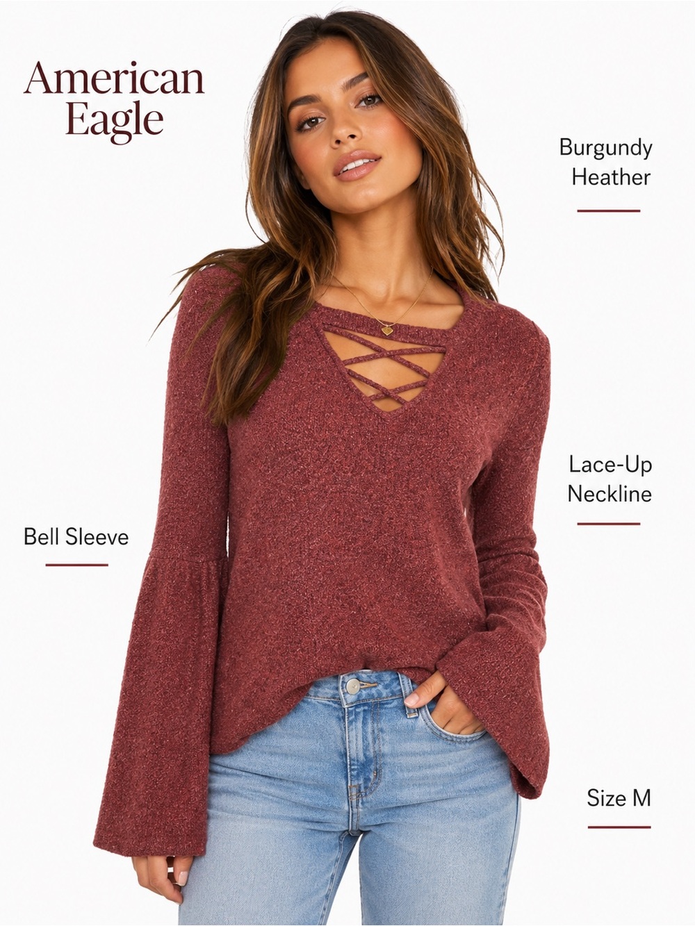 American Eagle Burgundy Heather Lace-Up Bell Sleeve Sweater Medium Y2K